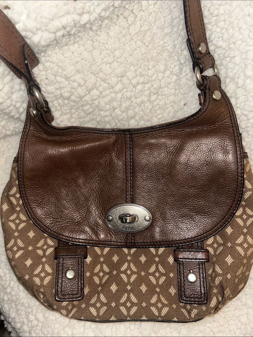 Fossil Brown Leather and Tan Patterned Shoulder Bag